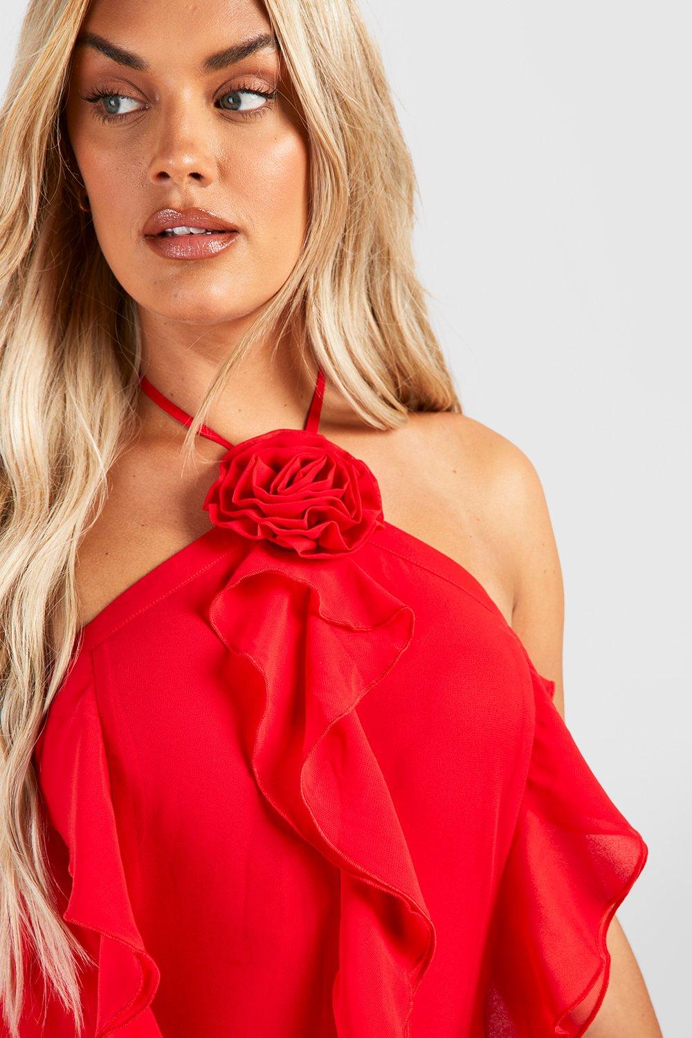Halter Rose Detail Ruffle Maxi Dress