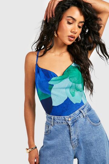 Floral Cowl Mesh Bodysuit blue