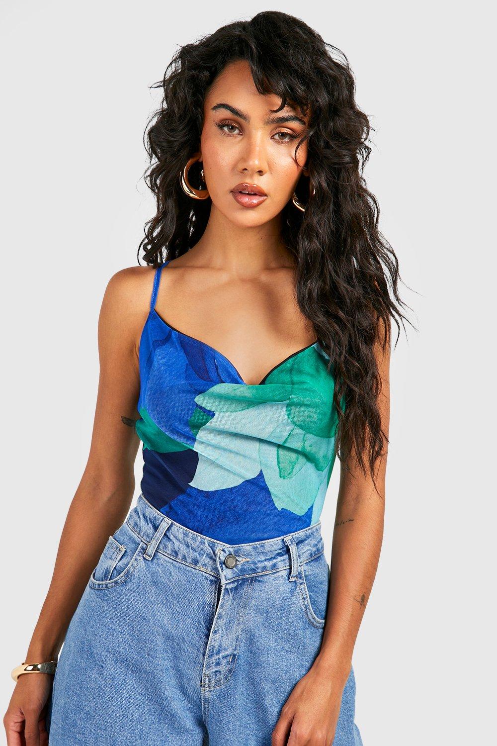 FLORAL HALTER BODYSUIT - Bluish