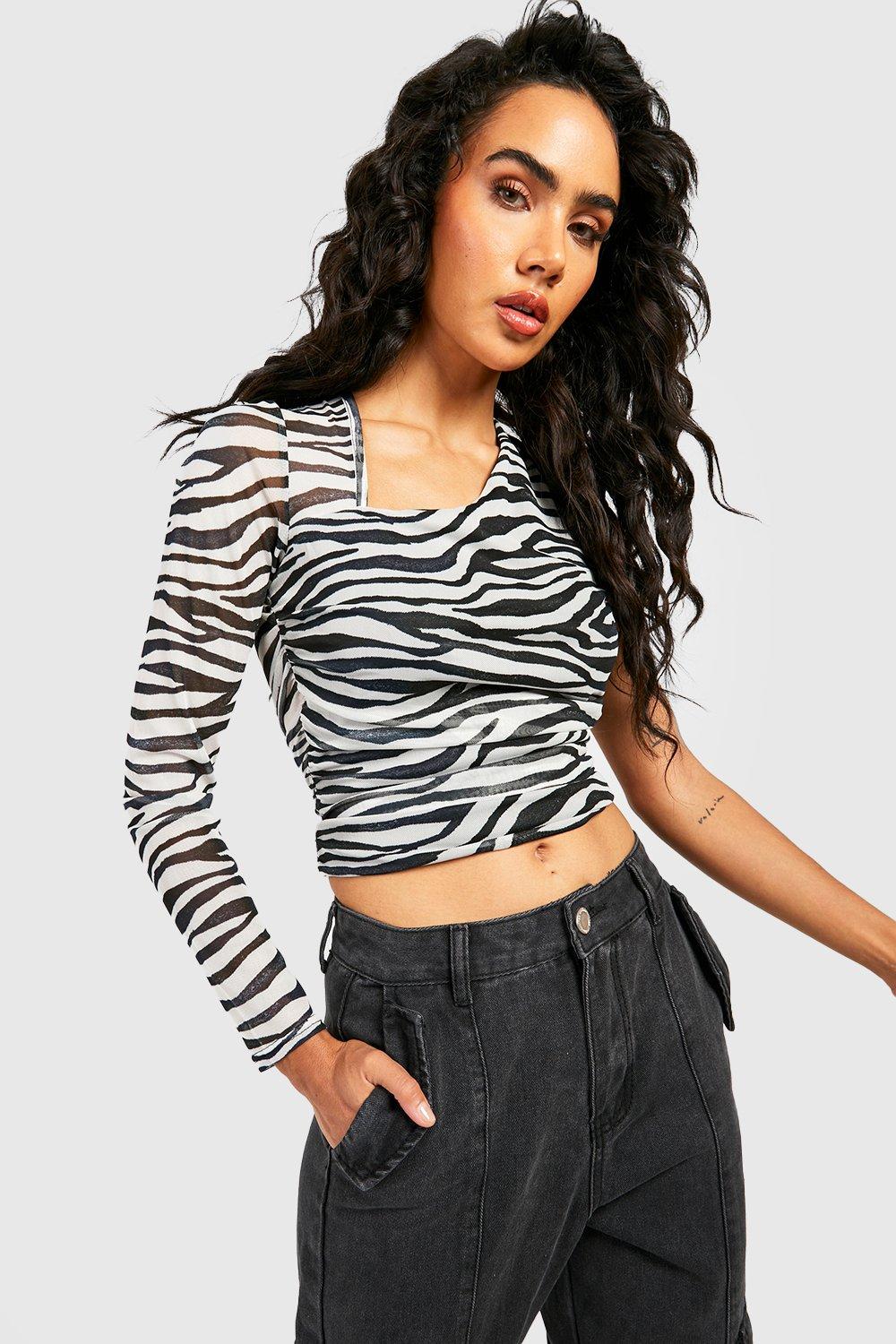 Women's Zebra One Shoulder Ruched Mesh Top