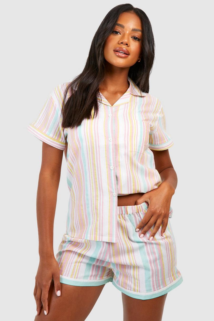 Multi Cotton Stripe Pajama Shirt & Short Set image number 1