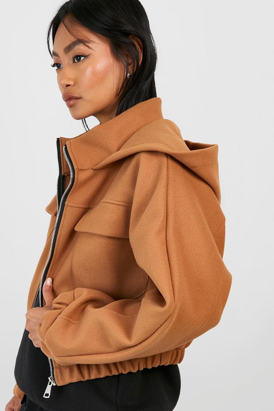 Camel Hooded Wool Look Jacket 