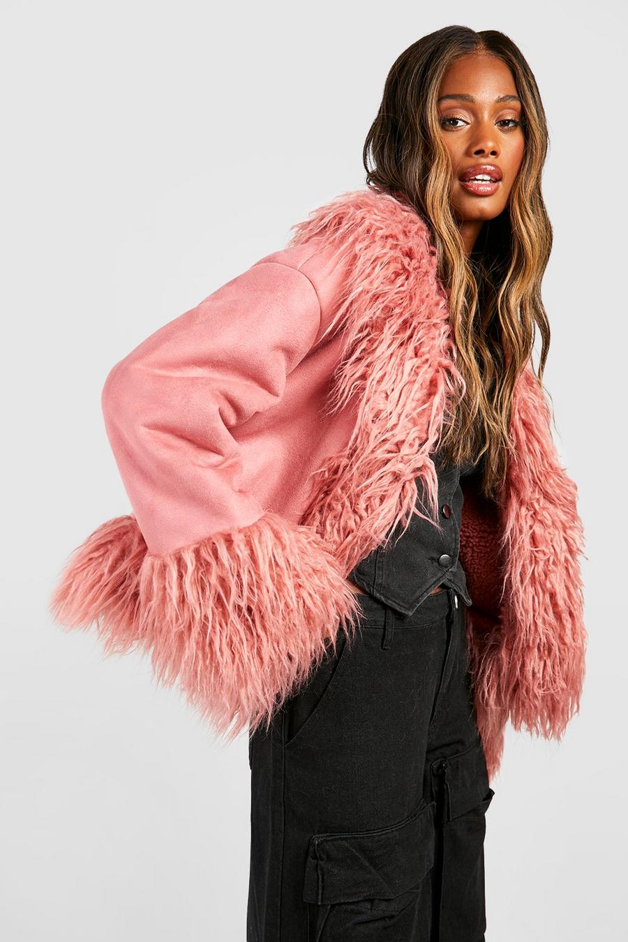 Pink Faux Fur Trim Short Suedette Coat  image number 1