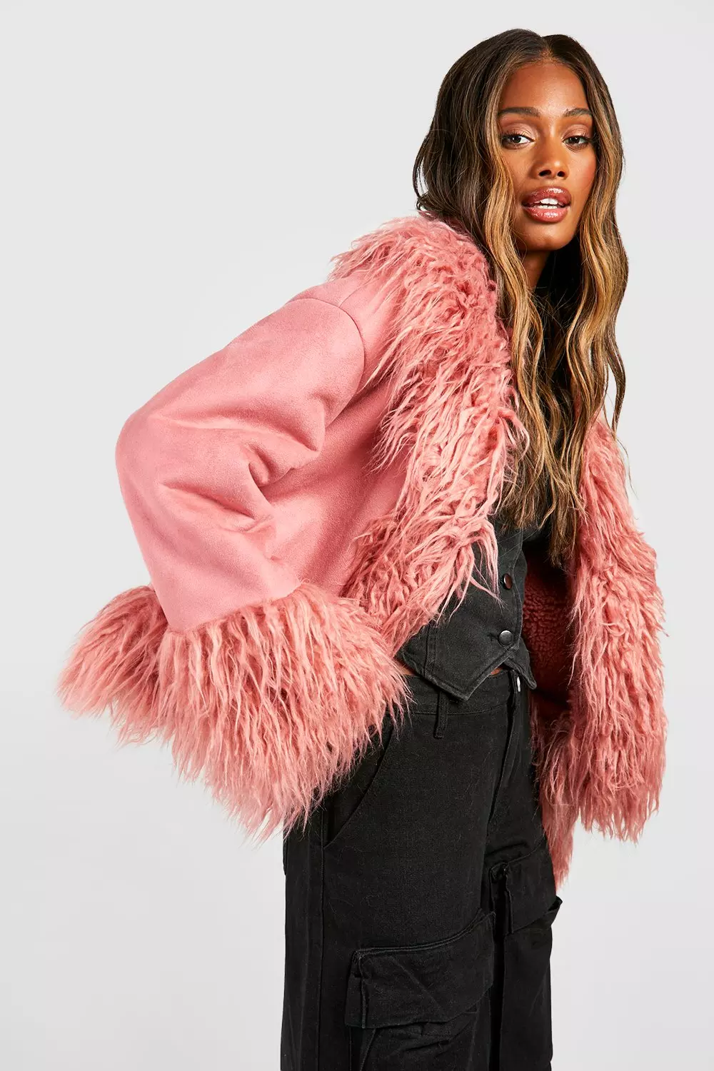 Boohoo pink fur coat hotsell