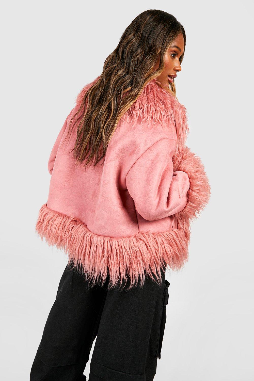 boohoo Women's Faux Fur Trim Suedette Coat