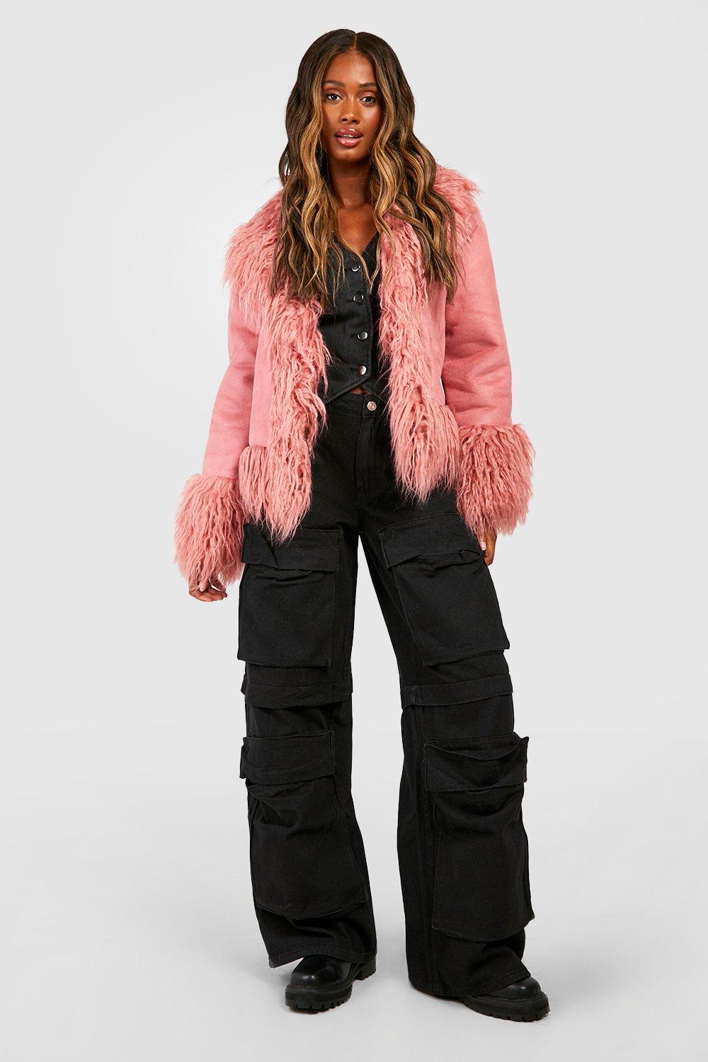 Pink faux fur online trim coat