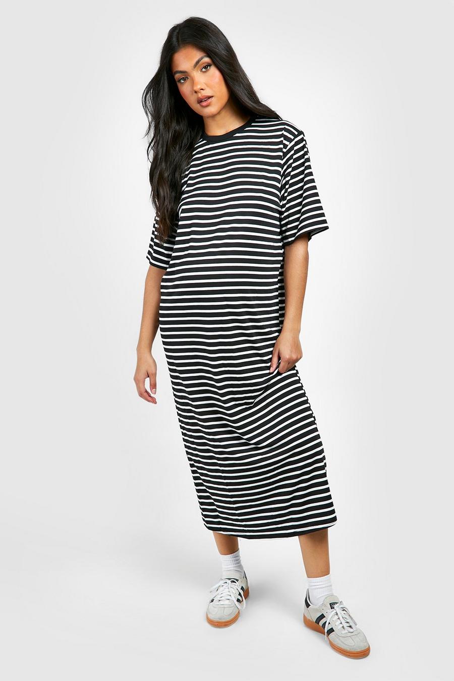 Black Maternity Jersey Stripe Midi T-shirt Dress