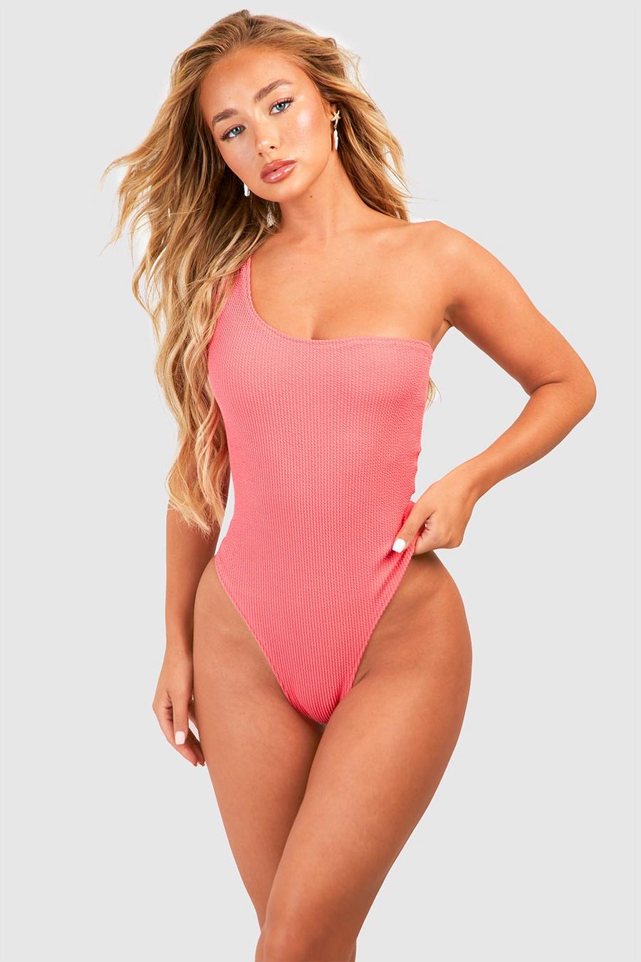 Coral pink Crinkle One Shoulder Swimsuit