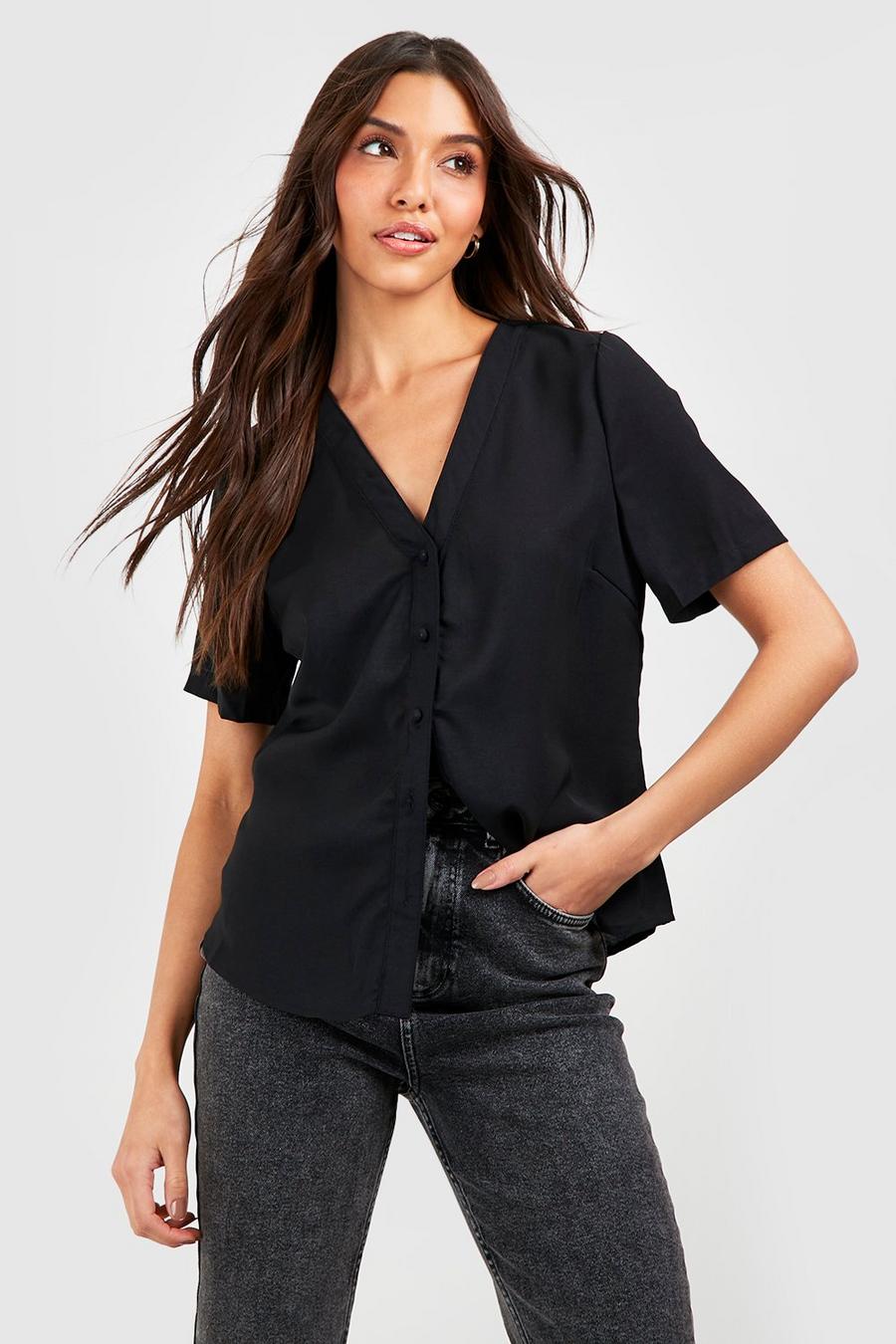 Black Short Sleeve Button Through Blouse image number 1