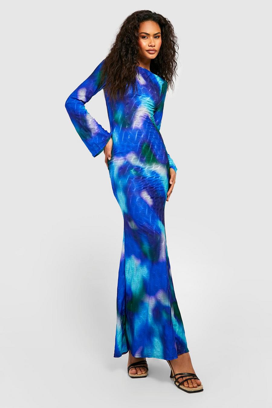 Blue Textured Blurred Abstract Maxi Dress image number 1