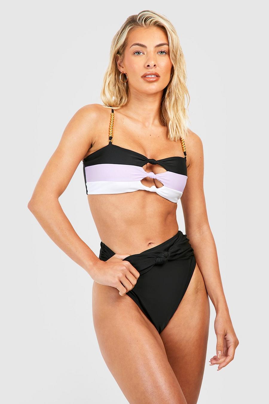 Black Colour Block Beaded Knot Bikini Set