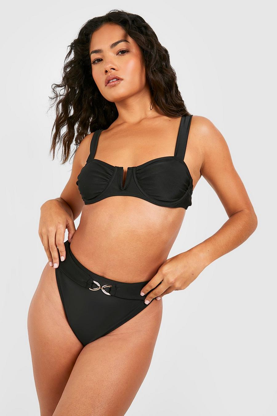 Black Ruched Cup Underwired Bikini Top image number 1