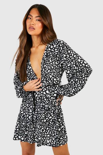 Black Ruffle Front Tie Sleeve Leopard Print Tea Dress