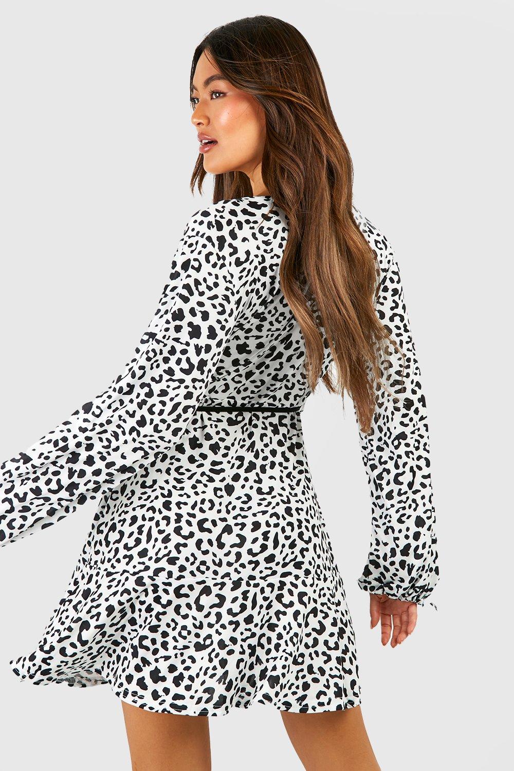 Ruffle Front Tie Sleeve Leopard Print Tea Dress