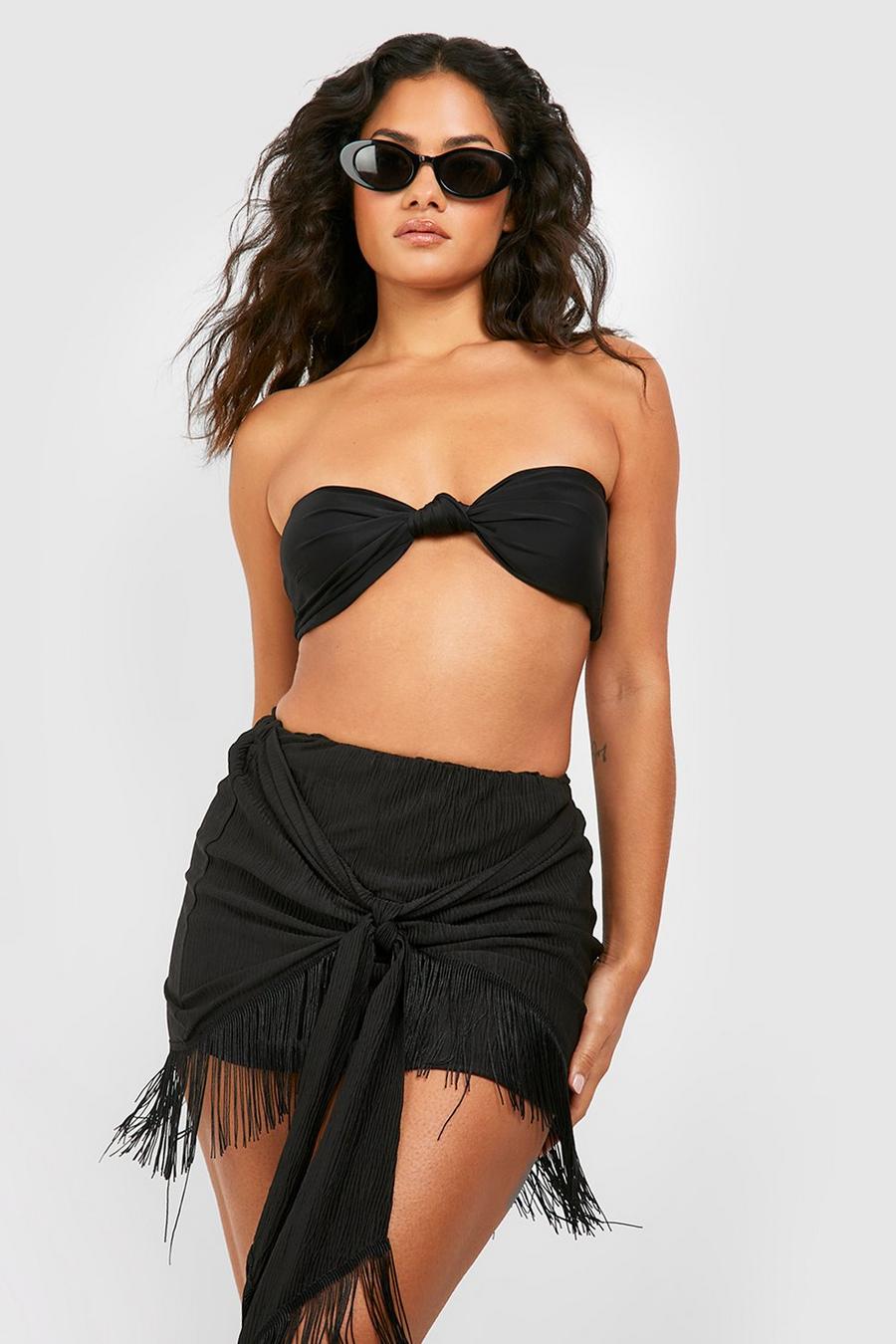 Black Tassel Hem Textured Beach Mini Skirt