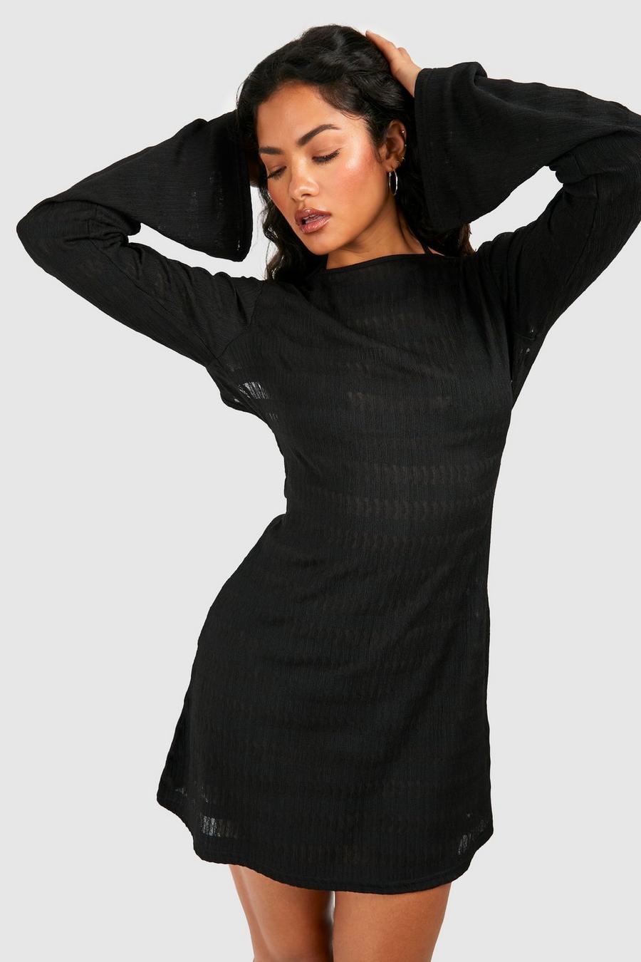 Black Textured Open Back Tie Beach Mini Dress image number 1
