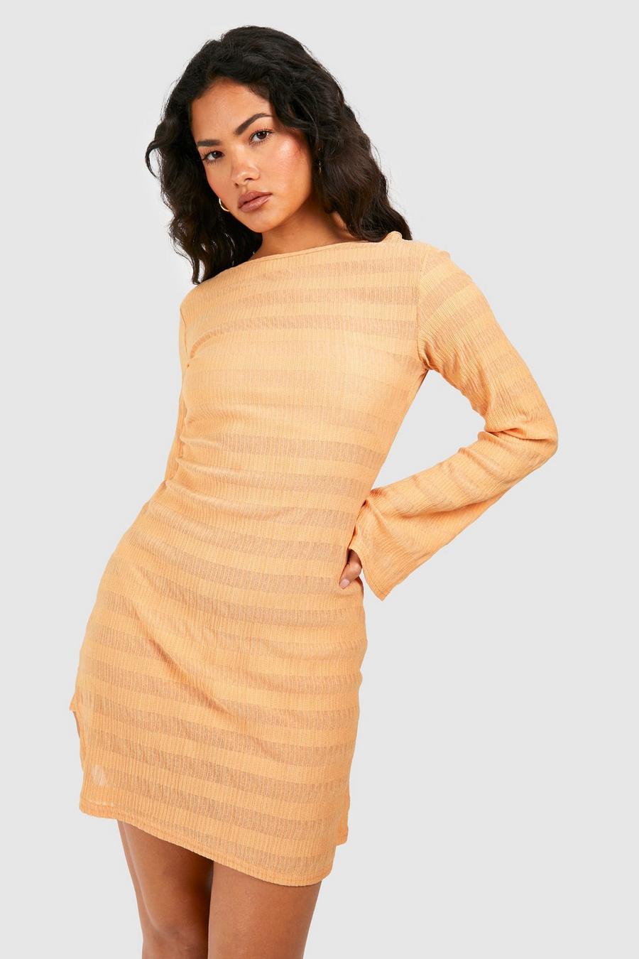 Orange Textured Open Back Tie Beach Mini Dress image number 1