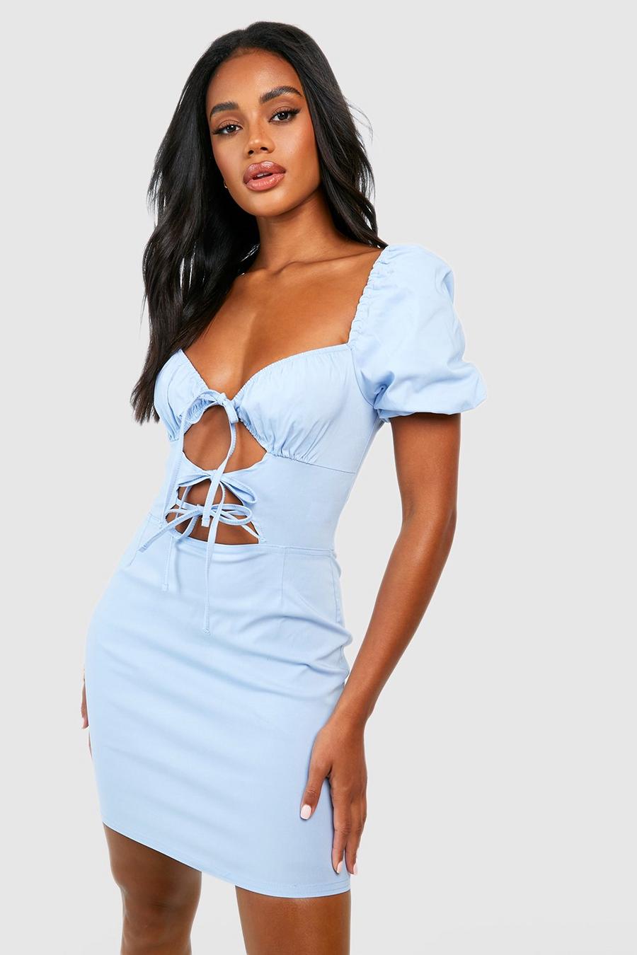 Light blue Bengaline Tie Front Cut Out Mini Dress image number 1