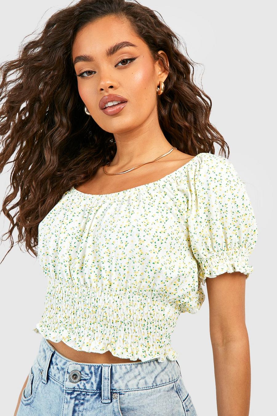 White Ditsy Floral Off The Shoulder Crop Top
