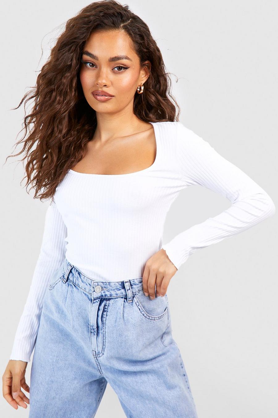 White Ribbed Square Neck Long Sleeve Top