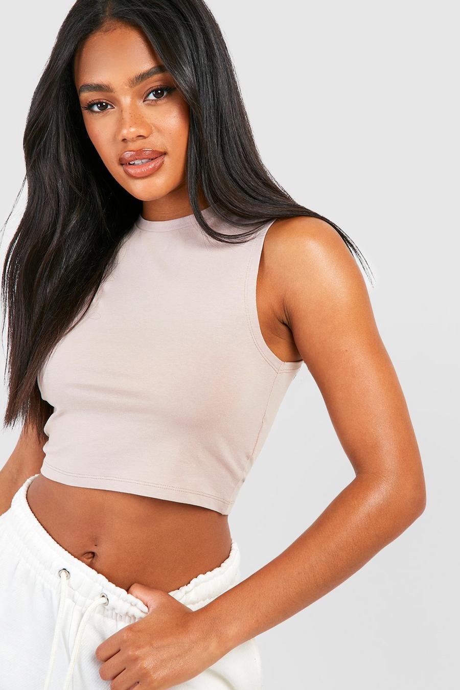 Crop top a collo alto, Taupe image number 1