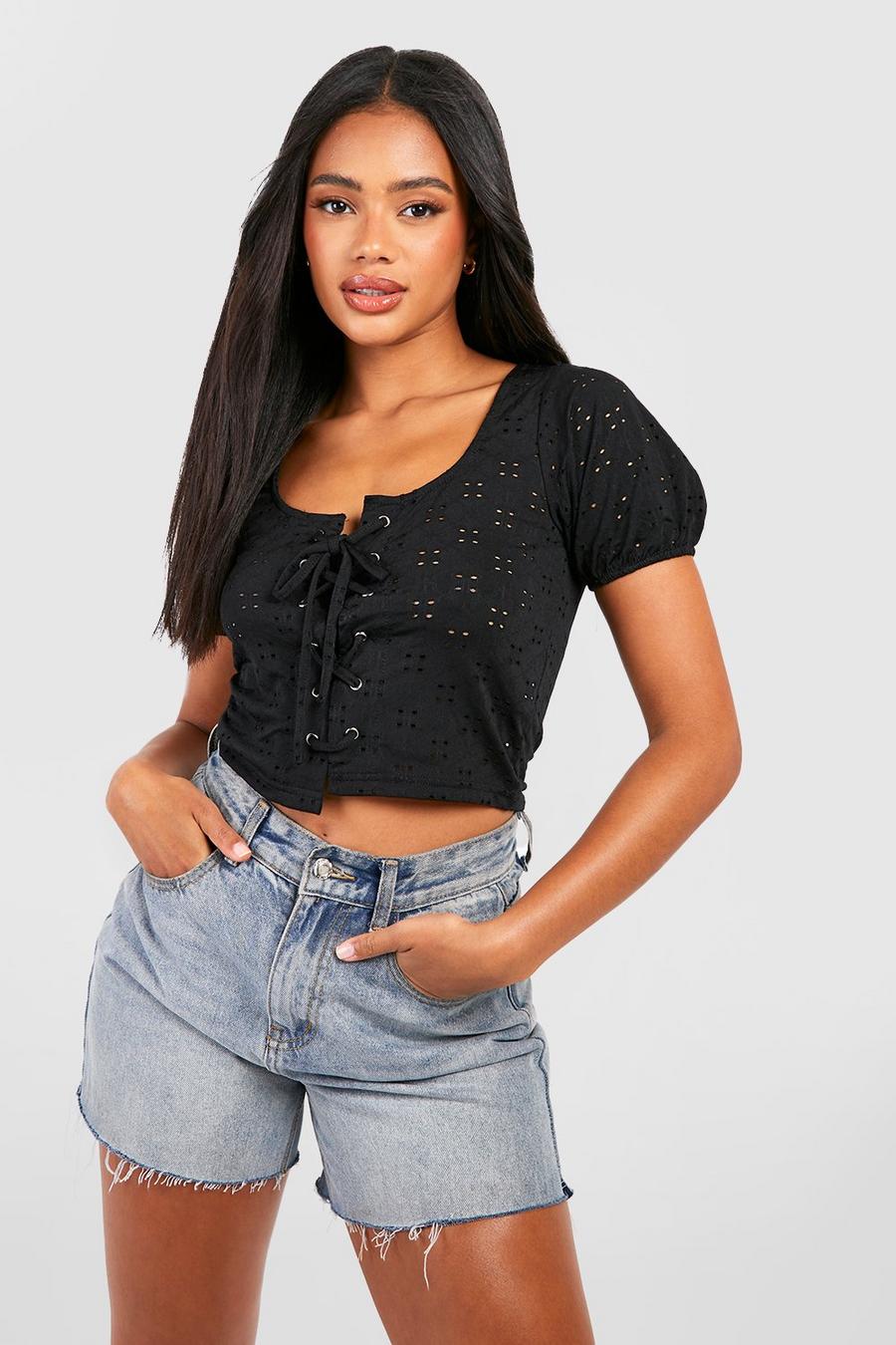 Black Broderie Jersey Lace Up Crop Top image number 1