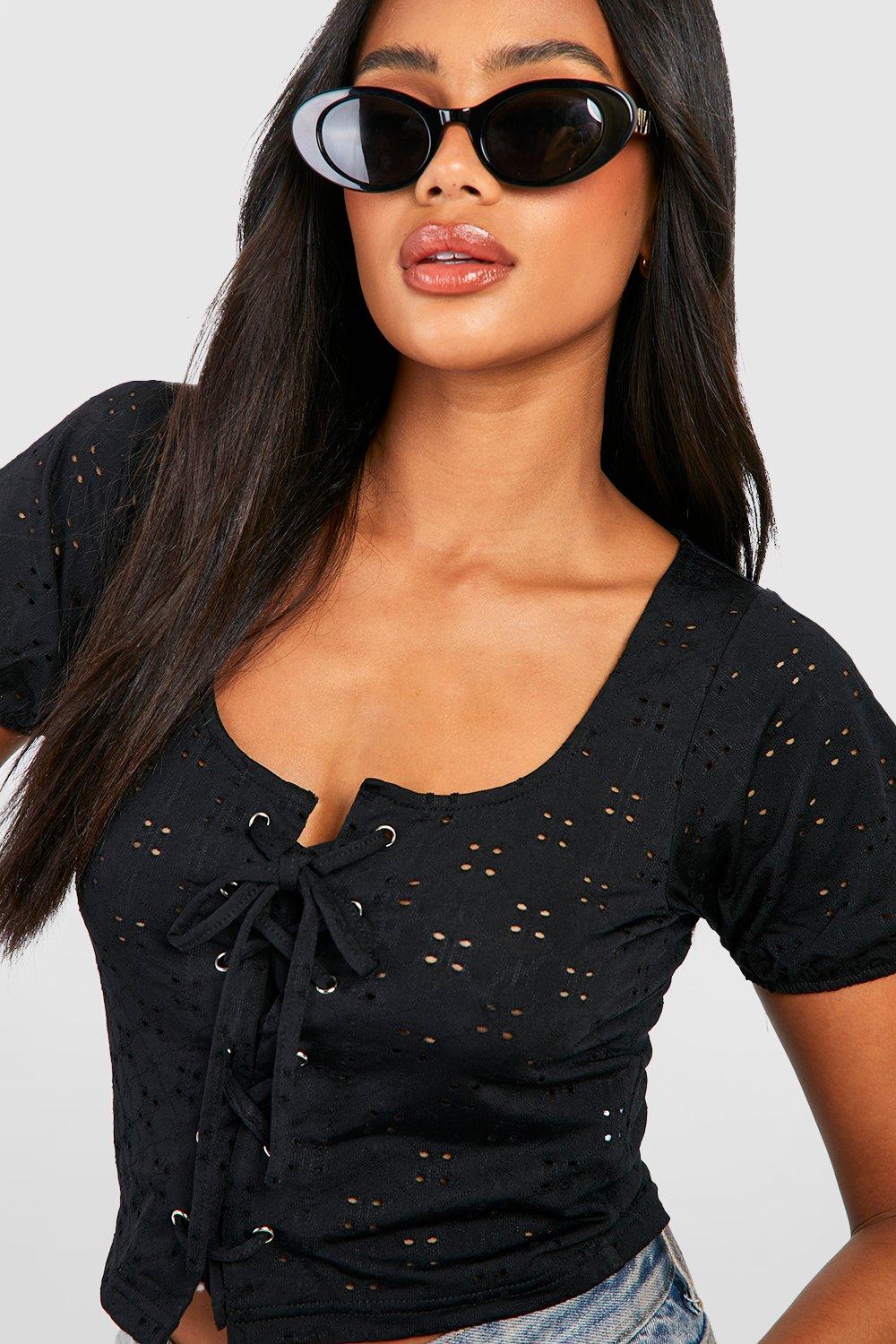 boohoo Eyelet Jersey Knit Lace Up Crop Top - Black - Size S