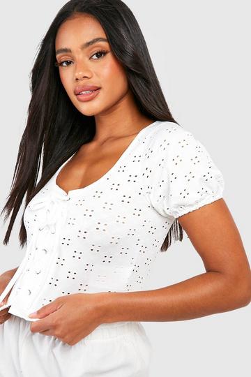 Eyelet Jersey Knit Lace Up Crop Top white