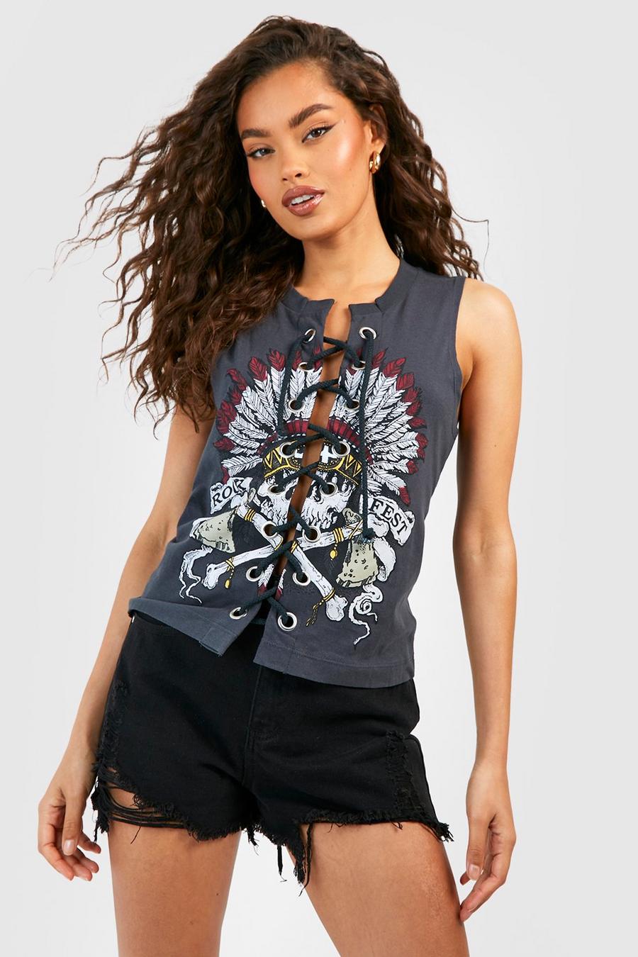 Charcoal Graphic Printed Lace Up Sleeveless T-shirt 
