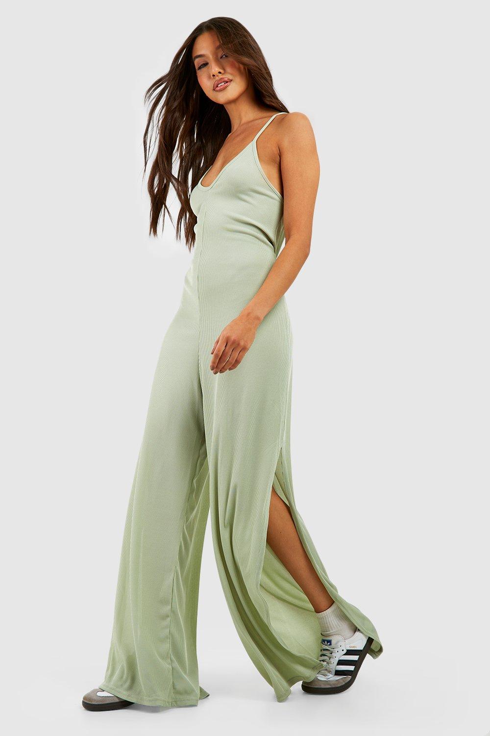 Ribbed Strappy Oversized Split Leg Jumpsuit