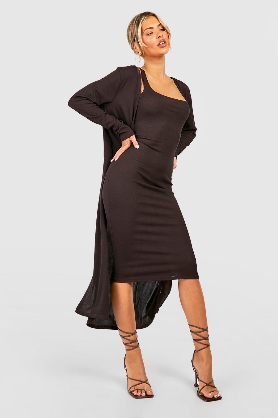 Chocolate Ribbed Midi Dress And Duster Set image number 1