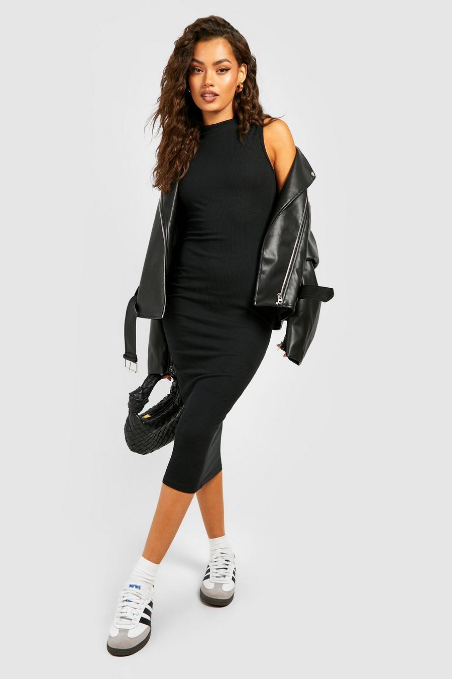 Black Soft Rib Sleeveless High Neck Midi Dress