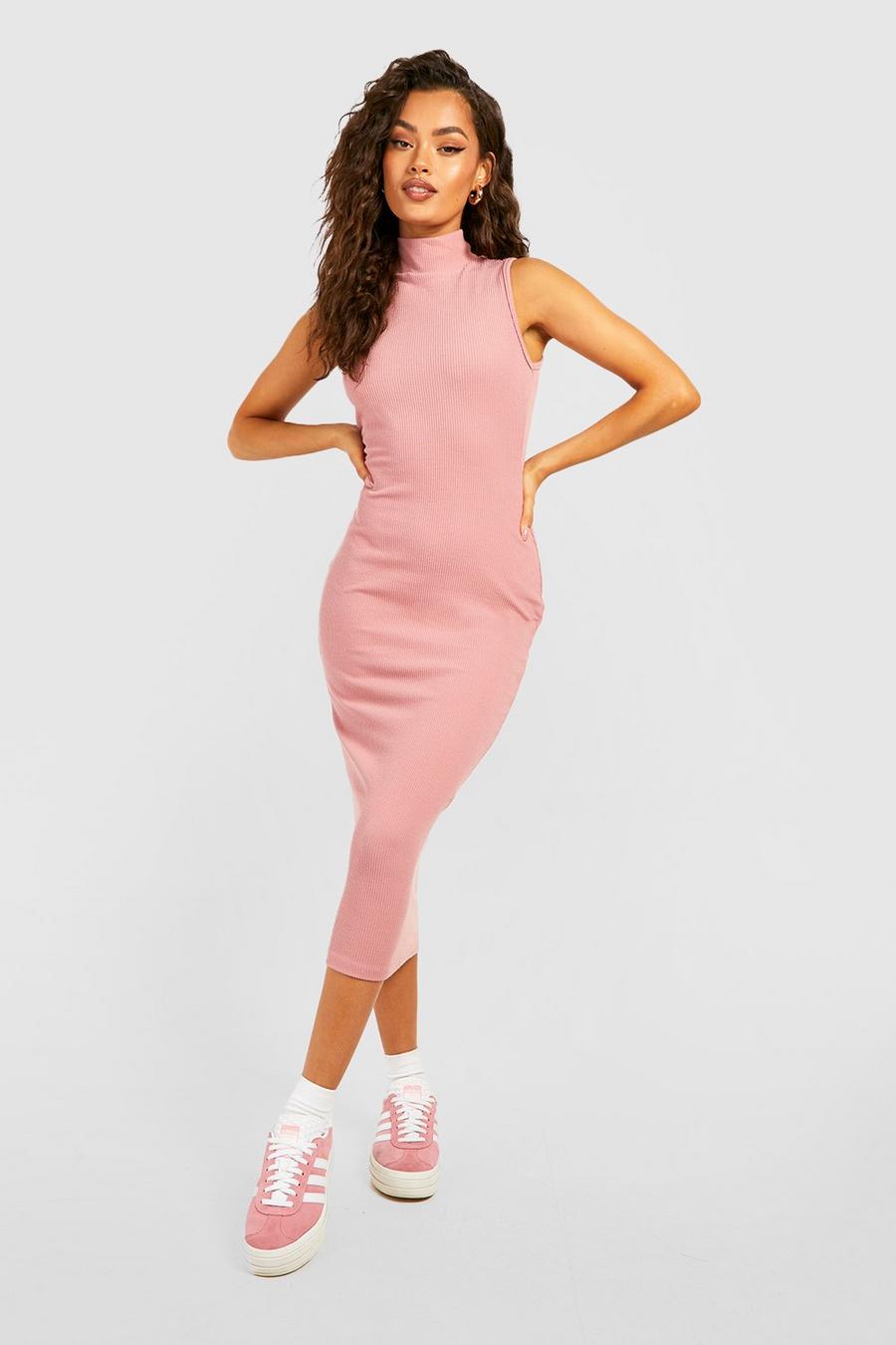 Vestido midi de canalé suave sin mangas con cuello alto, Rose