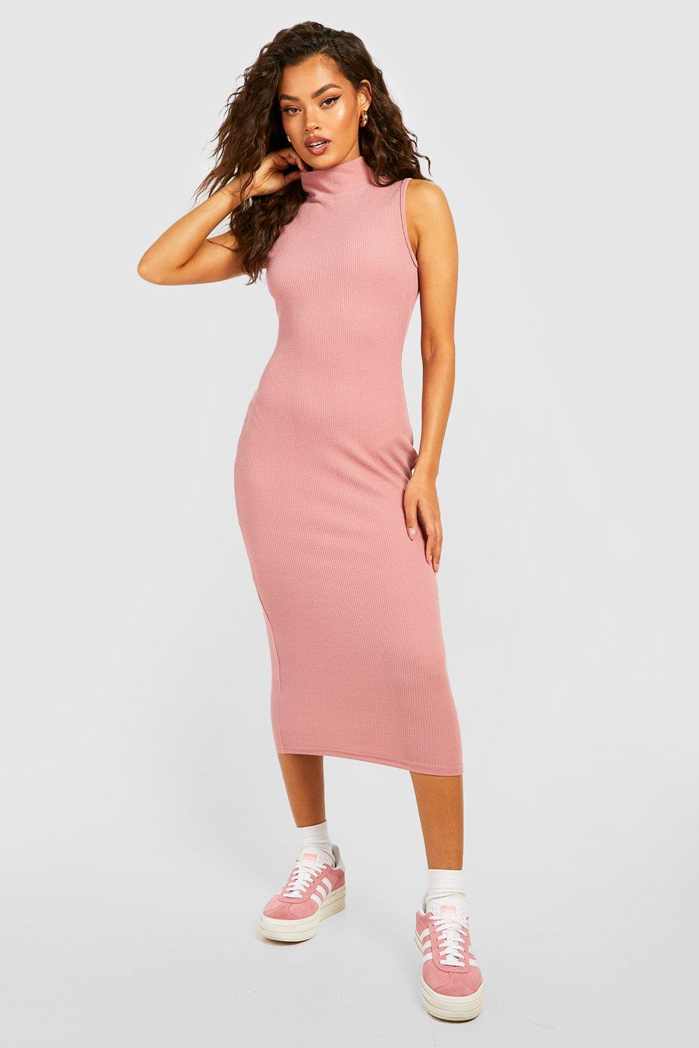 Soft Rib Sleeveless High Neck Midi Dress boohoo CA