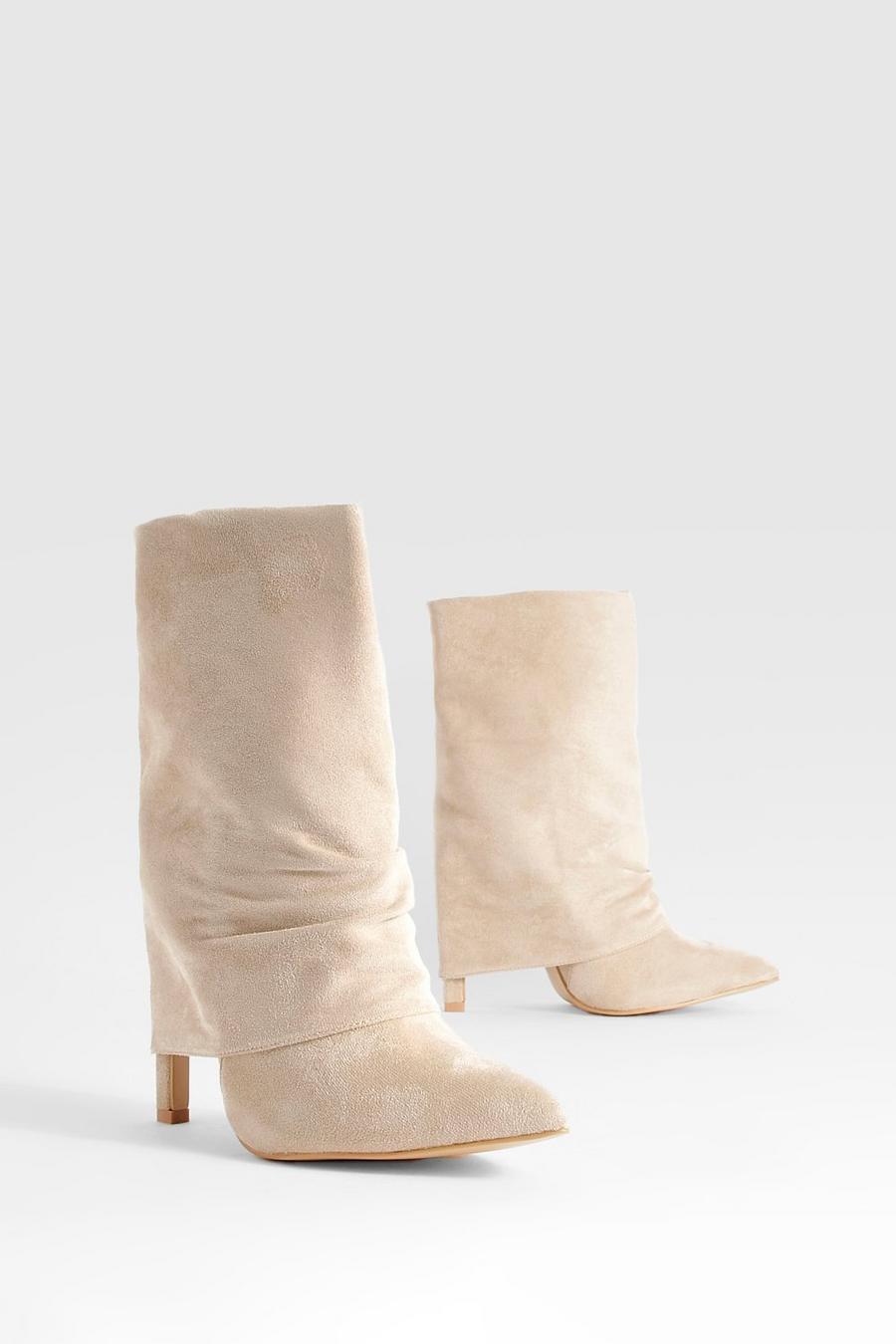 Beige Wide Width Calf High Fold Over Stiletto Pointed Boots