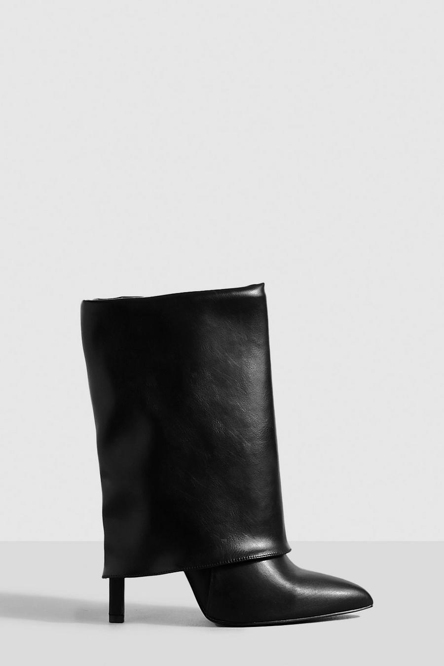 Black Wide Fit Pu Pointed Fold Over Block Heel Knee Boots