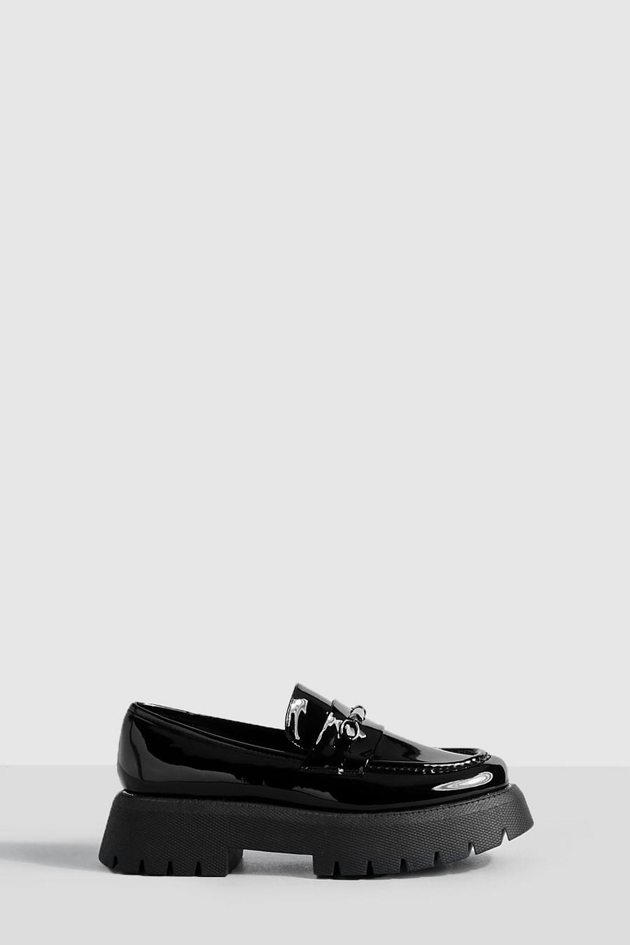 Black nero Wide Fit Platform Chunky Sole T Bar Loafers  