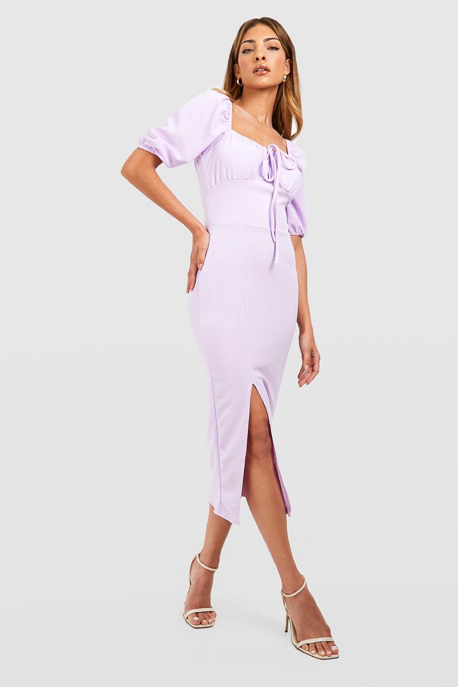 Lilac purple Rouched Bust Tie Front Midi Dress