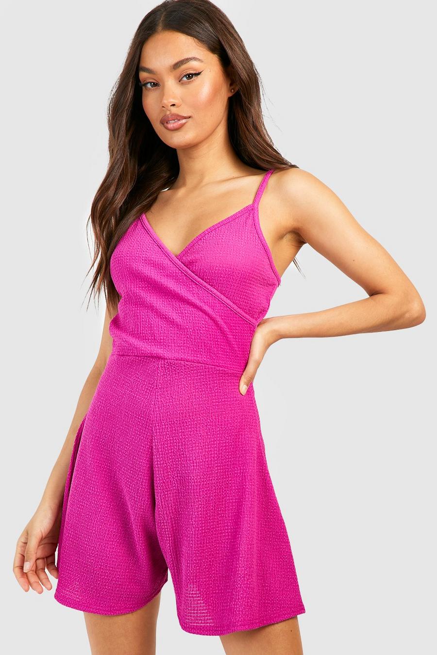 Magenta Crinkle Wrap Front Strappy Romper