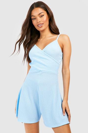Crinkle Wrap Front Strappy Romper pale blue