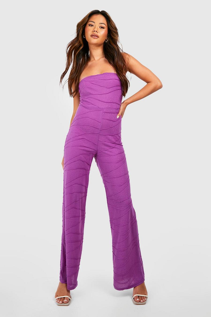 Purple Strapless Wide Leg Jumpsuit Met Naaddetail