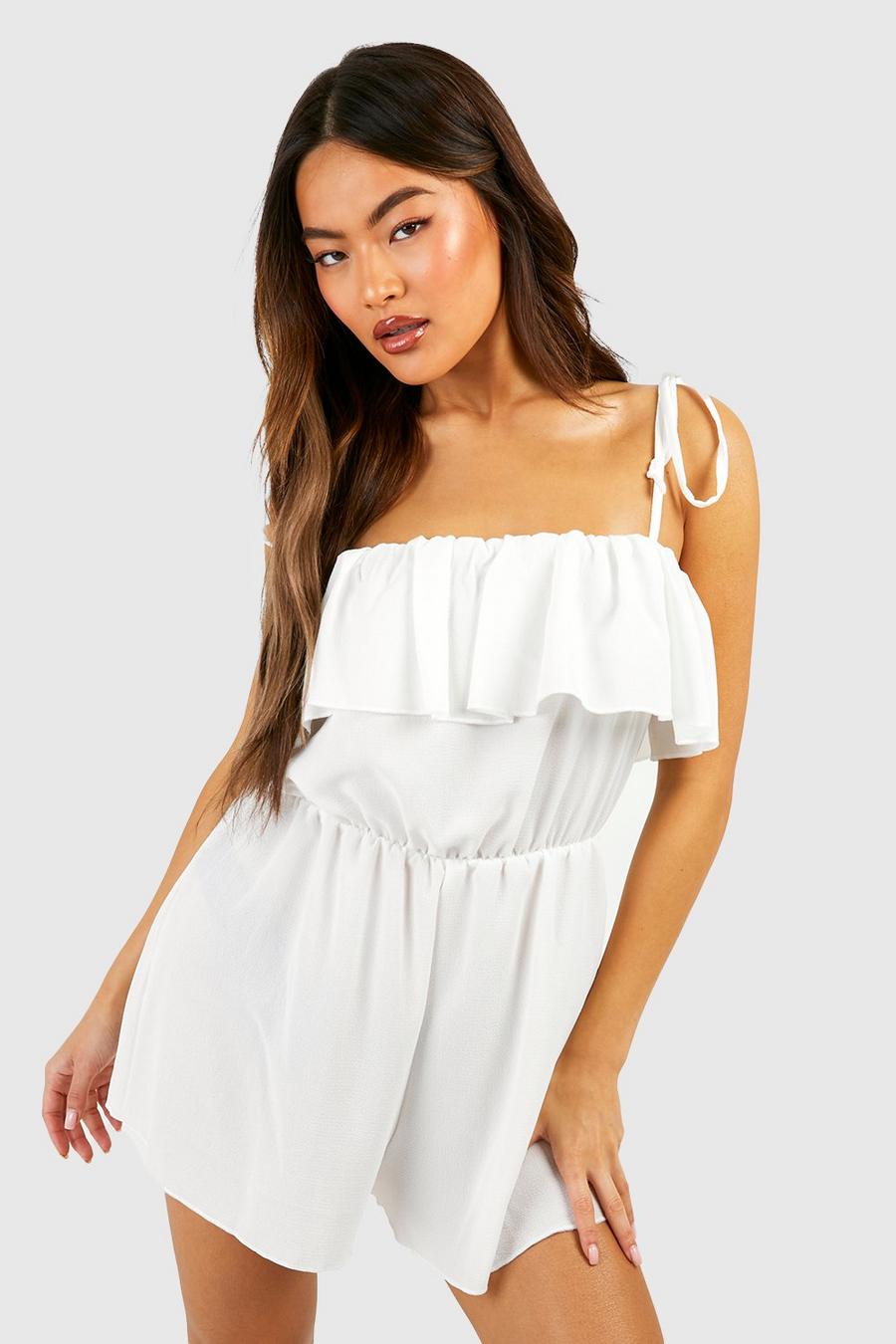 White Playsuit i chiffong med volanger och knytband image number 1