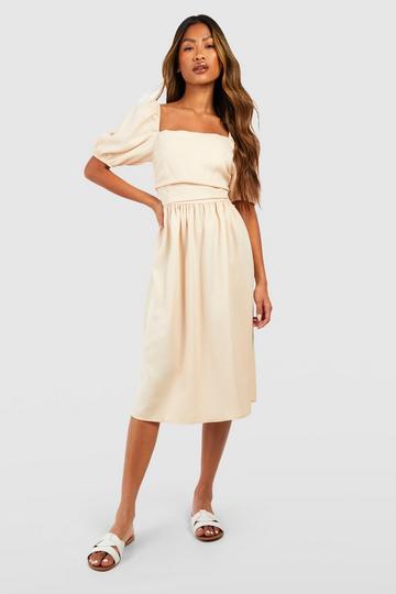 Puff Sleeve Square Neck Midi Dress stone