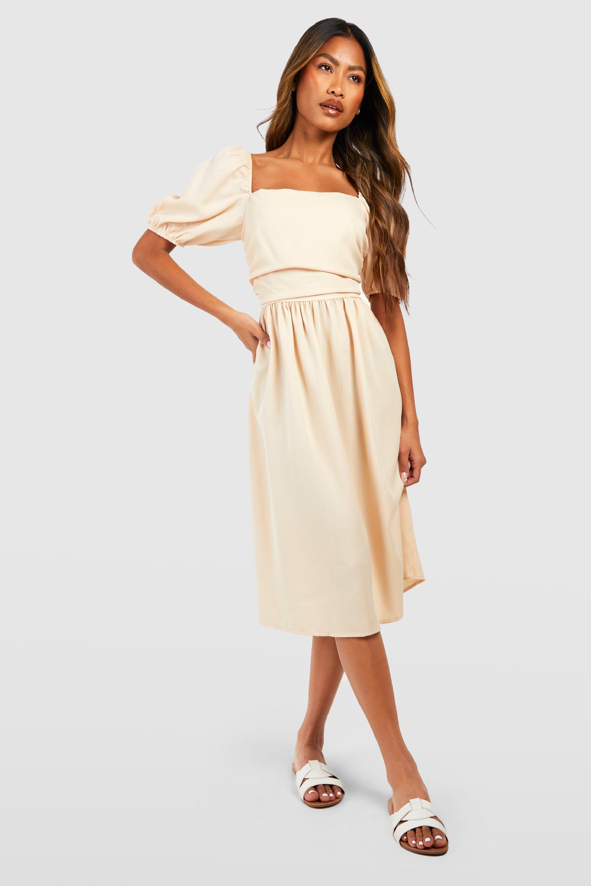 Puff Sleeve Square Neck Midi Dress