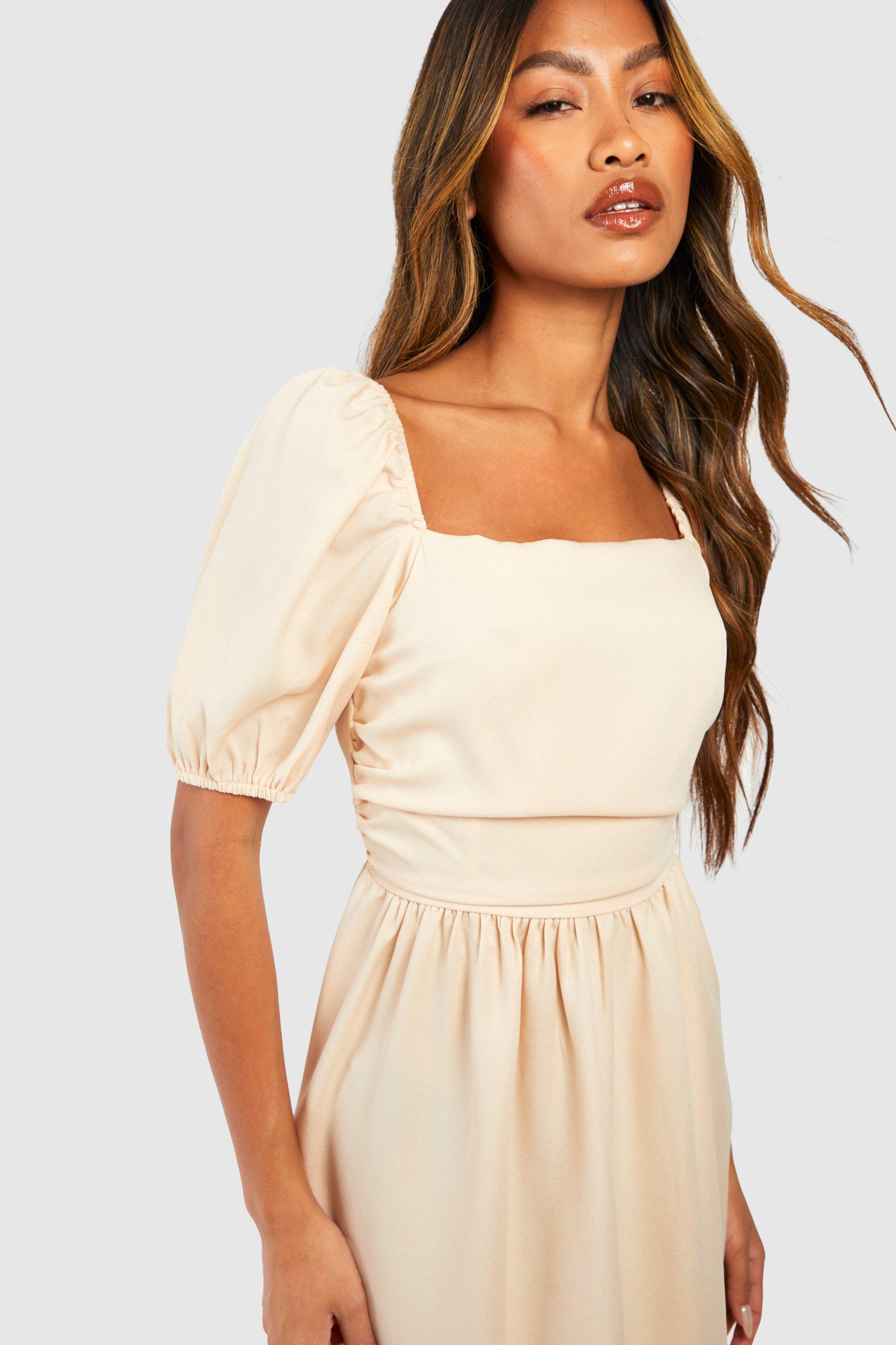 Puff Sleeve Square Neck Midi Dress