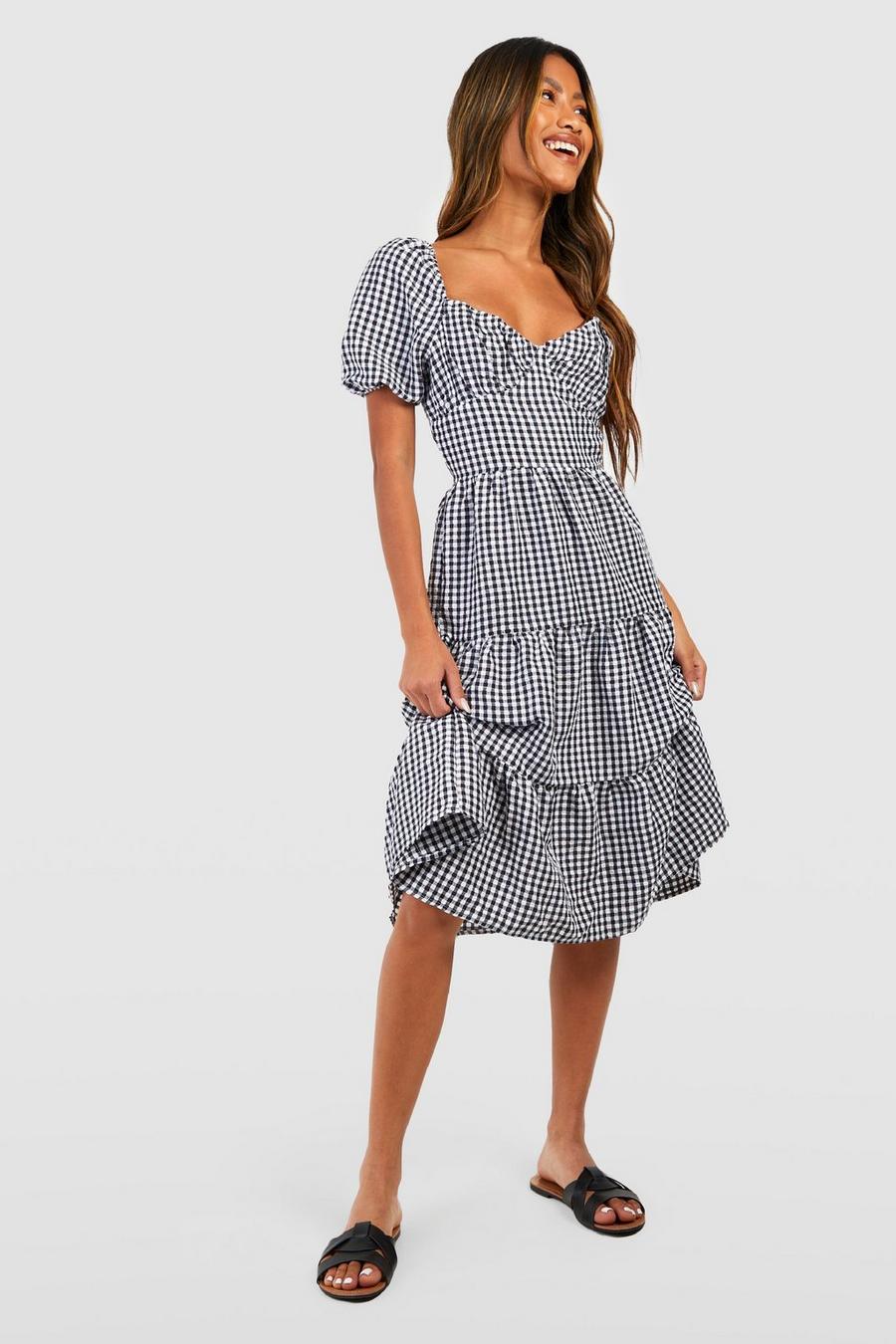 Check Puff Sleeve Tiered Midi Skater Dress