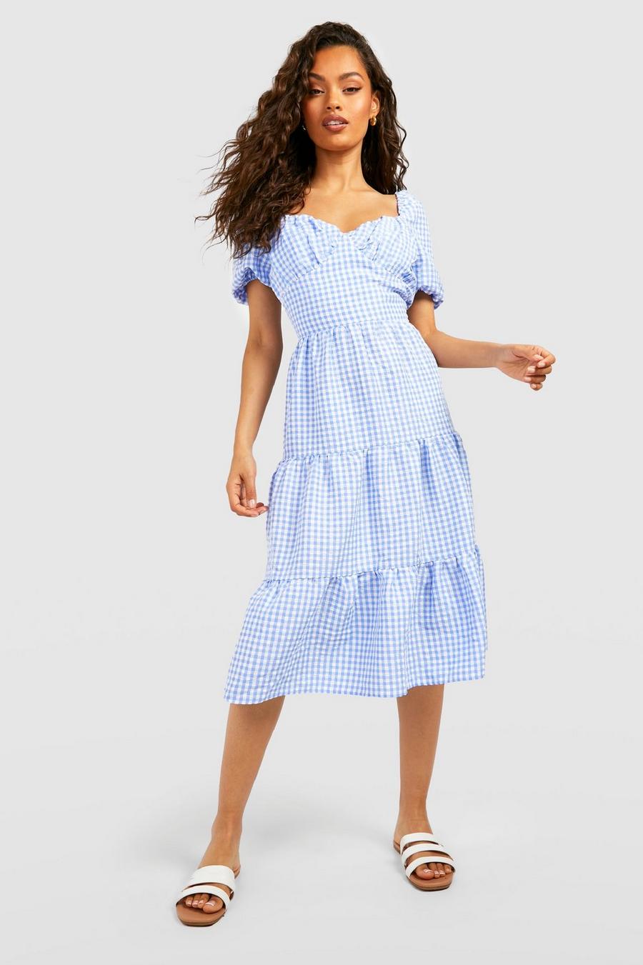 Blue Check Puff Sleeve Tiered Midi Skater Dress image number 1
