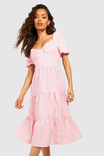 Check Puff Sleeve Tiered Midi Skater Dress pink