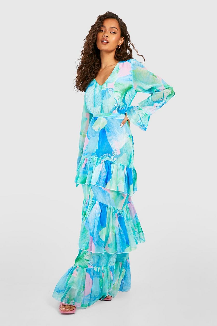 Aqua Printed Ruffle Hem Maxi Dress