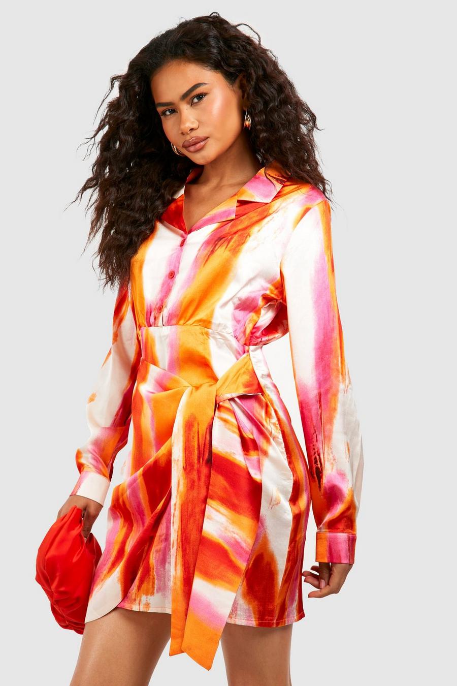 Pink Abstract Print Satin Shirt Dress image number 1